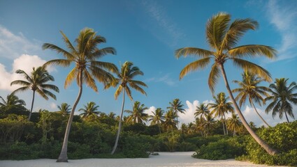 Fototapeta premium Tropical Island Paradise with Lush Palm Trees and Blue Sky.