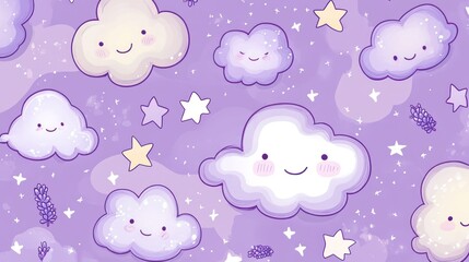 A whimsical pattern featuring cute clouds and stars on a purple background.