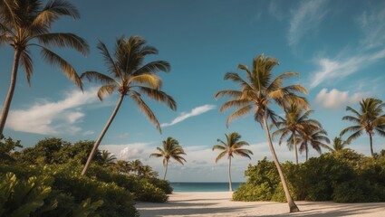 Obraz premium Tropical Island Paradise with Lush Palm Trees and Blue Sky.