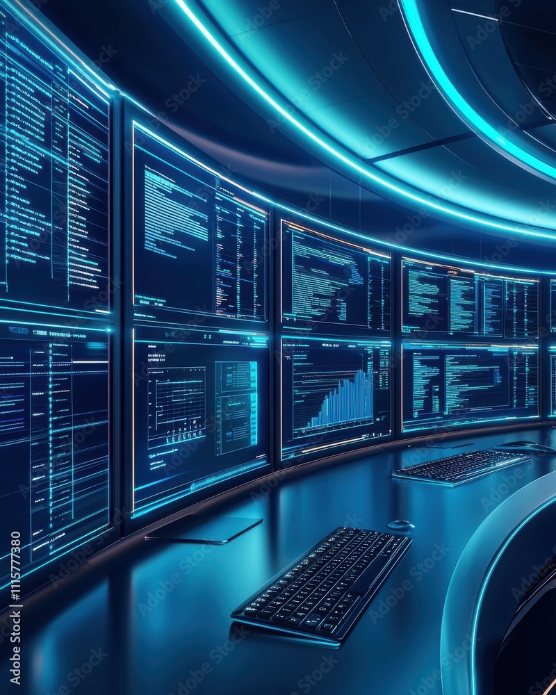Poster futuristic dark room with multiple digital screens displaying complex data and analytics for busines
