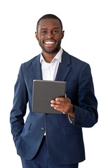 Smiling businessman in a blue suit and white shirt holding a tablet, isolated on a clean white...