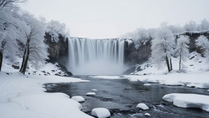 A large waterfall is surrounded by a frozen landscape.