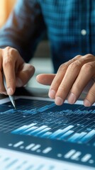 Close-Up of a Person Analyzing Financial Data on a Digital Tablet with Graphs and Charts for Business Analysis and Investment Strategies