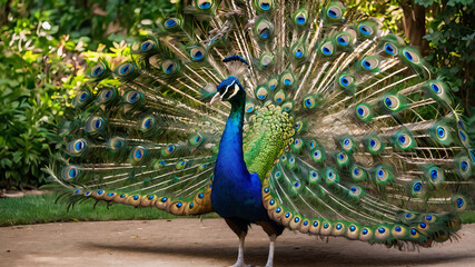 Obraz premium An elegant peacock in full display, showcasing its vivid, iridescent tail feathers with intricate patterns, standing gracefully in a lush green garden.