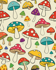 A white background with outline illustrations of colorful mushrooms. coloring book, graphic objects