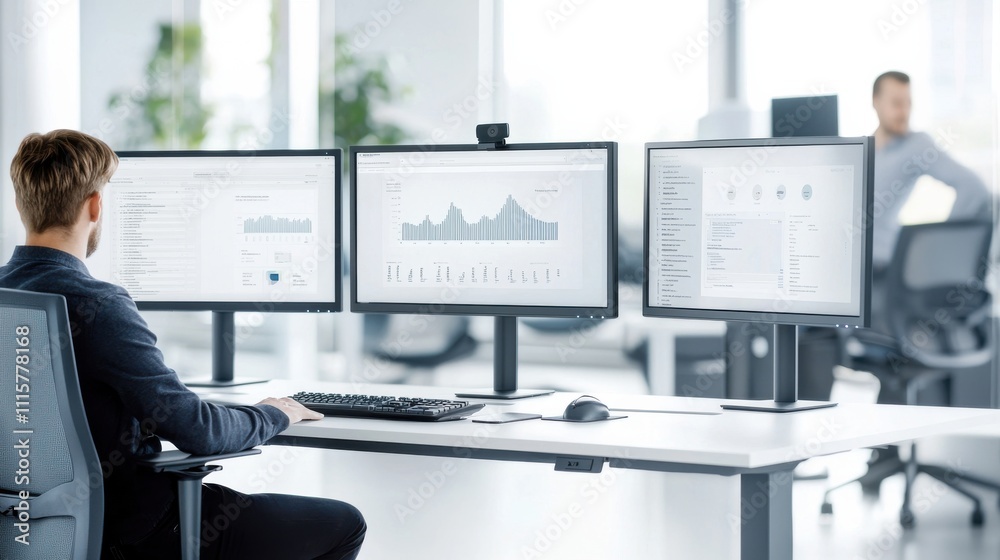 Poster professional workspace with multiple screens displaying data analytics, charts, and business metrics