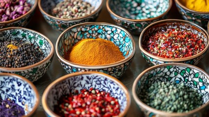 Fototapeta premium Vibrant Spices Display, an artistic arrangement of diverse spices in ornate bowls, highlighting cultural richness and enhancing appeal for culinary promotion.