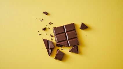 Obraz premium Chocolate bar with broken pieces on vibrant yellow background.