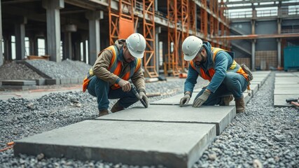 Construction Workers Laying Foundation: Two skilled construction workers, clad in safety gear, meticulously lay down concrete slabs.