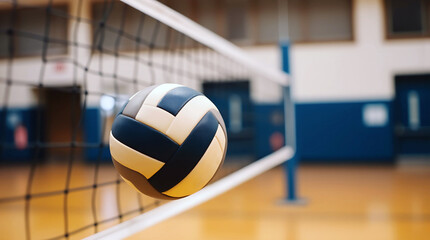 Volleyball approaches the net in an indoor gym during a practice session, showcasing athleticism and sportsmanship among teammates