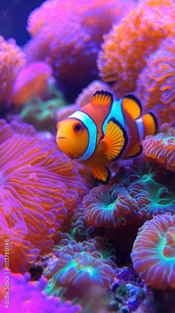 Poster Bright clownfish explore a colorful underwater world filled with vivid coral in a well-maintained aquarium. The atmosphere is lively and filled with dynamic colors, creating a serene environment