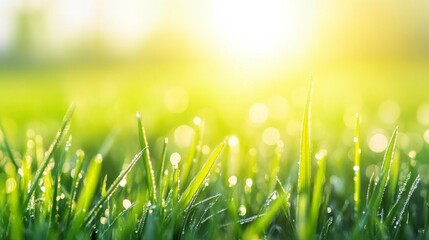 Obraz premium Dew-kissed Grass Blades in Morning Sunlight, capturing the essence of freshness, tranquility, and the vibrant beauty of nature at dawn in a serene field setting