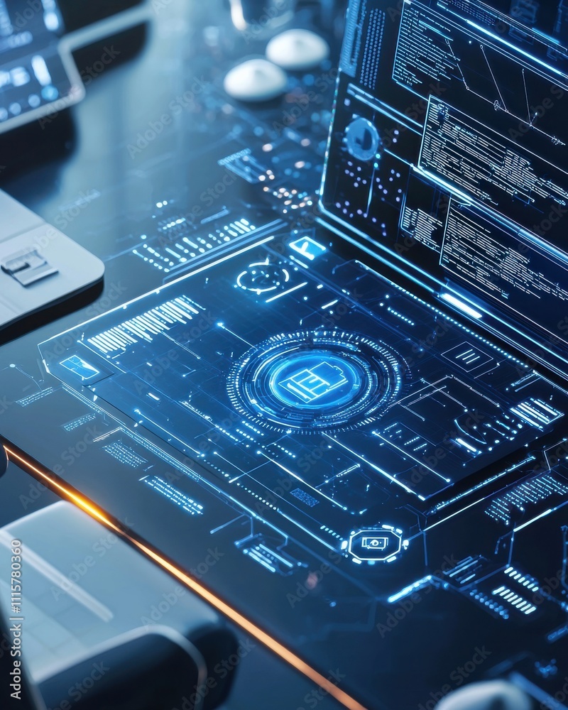 Poster futuristic interactive digital interface displaying high-tech data visualization on laptop screen wi