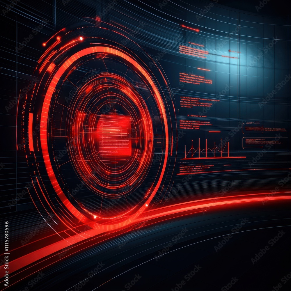 Poster futuristic digital interface concept with red elements and data visualization in a dark background f