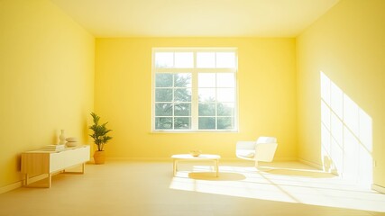 Fototapeta premium Sunlit minimalist living room with pale yellow walls, showcasing a modern low coffee table and a comfortable armchair