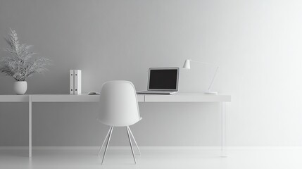 Fototapeta premium A modern office interior with a desk, chair, laptop, plant, and desk lamp.