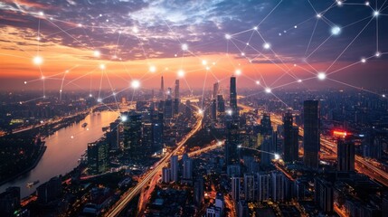 Fototapeta premium Cityscape with Network Connections at Dusk