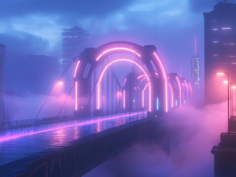 A high-tech bridge spanning a misty river, illuminated by neon arches and swirling smoke, creating an ethereal glow" - Powered by Adobe