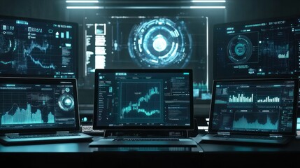 Fototapeta premium Multiple computer screens display complex data and graphs