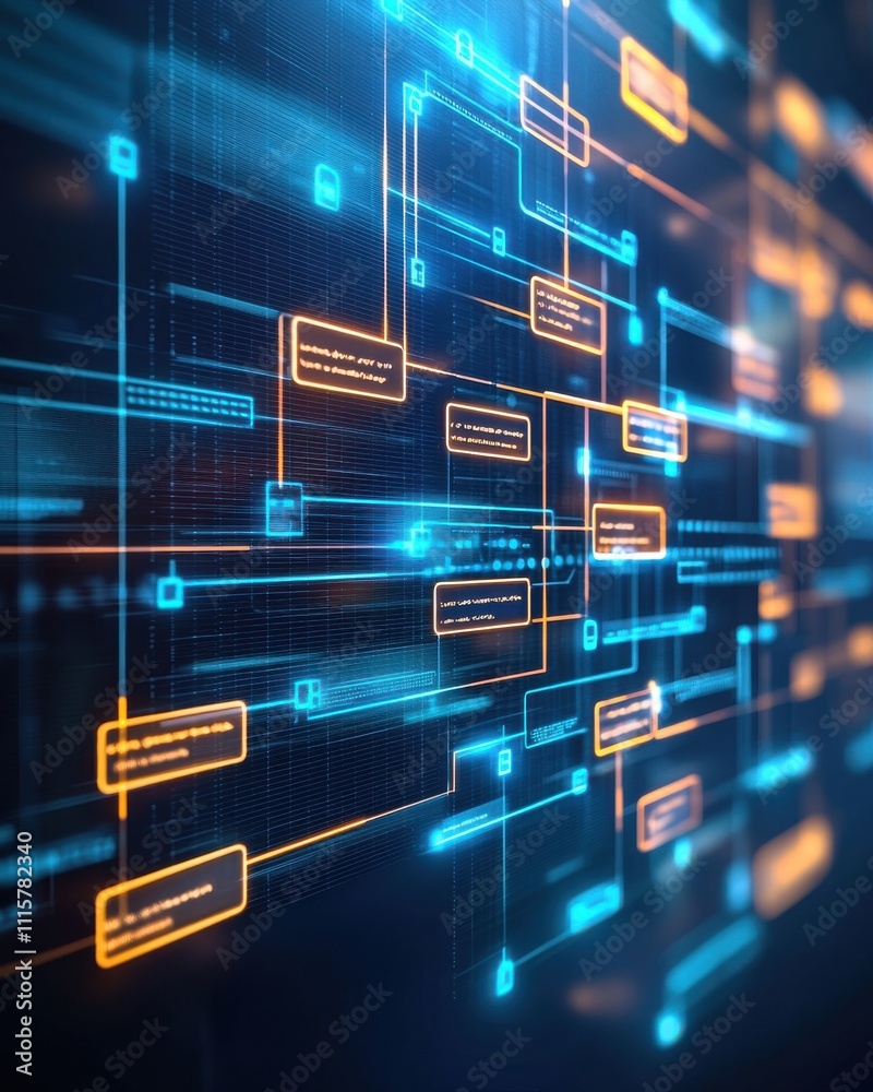 Poster abstract digital network visualization with glowing lines and data connections representing modern t
