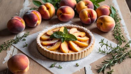 Freshly Baked Peach Tart with Glazed Slices and Garnish Served on Rustic Wooden Table Surrounded by Freshly Picked Peaches and Herbs.