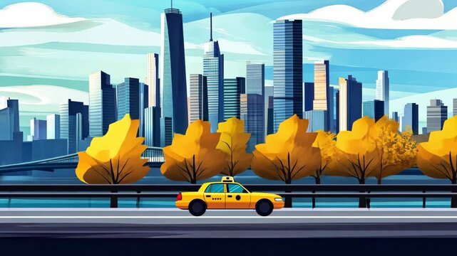 Yellow cab driving through new york city in autumn