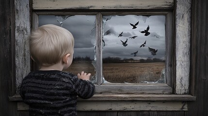 A child looking at a shattered world through a broken window, seeing a polluted landscape beyond