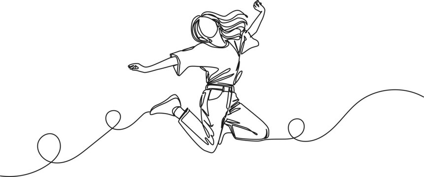 continuous single line drawing of cheerful woman jumping up in joy, line art vector illustration