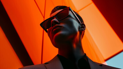 Fashionable businessman donning sunglasses poses in a modern, minimalist environment with a pop of orange lighting