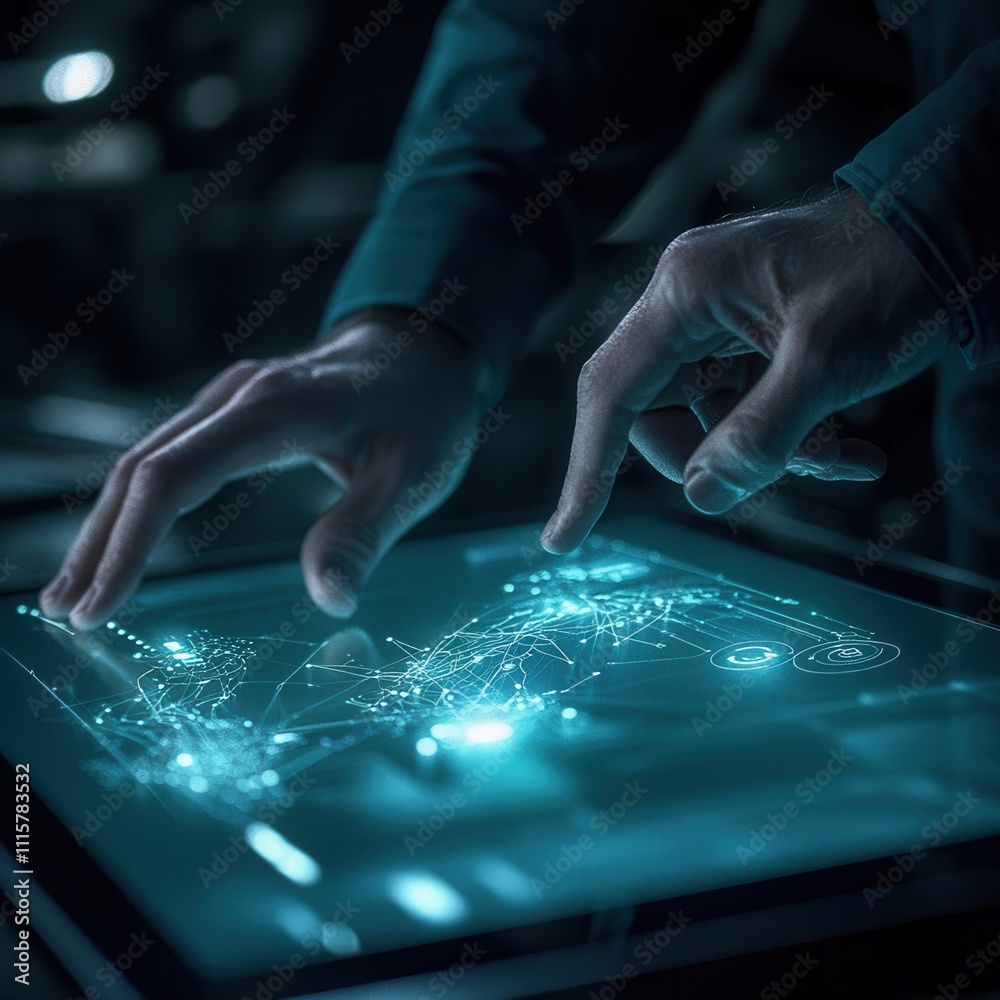 Poster futuristic technology interface with hand interacting on digital screen, abstract data visualization