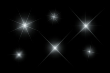 Silver sparkle lights, flashing lights, light effects, sunlight lens flare, glowing ray beams, sparkling starsicon on black background.