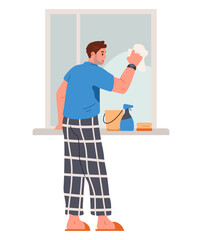 Fototapeta premium Man washing the window flat vector illustration isolated on white. House chores.