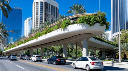 Obraz premium Elevated urban walkway with lush greenery in sunny cityscape