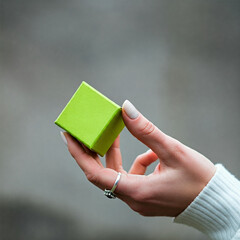 woman's hand holding a green small gift box on a gray background