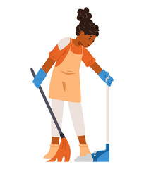 African American girl sweeps te floor flat vector illustration isolated on white. Child doing house chores.