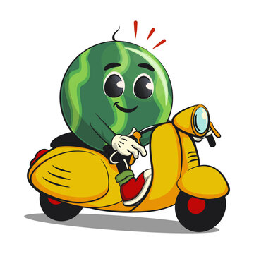 recommend clip art: cute watermelon cartoon character riding a scooter, watermelon mascot cute cartoon characters for icon, mascot, logo, label, poster, banner, print, sticker, clip art