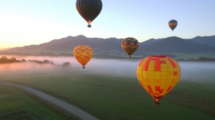 Obraz premium Scenic Sunrise Hot Air Balloon Flight over Misty Mountains and Fields