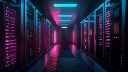 Obraz premium A server room with rows of servers. The servers are lit up with a mix of red, blue, and yellow lights.