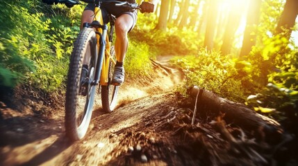 Obraz premium Mountain Biker Thrill in Lush Wilderness, capturing the exhilarating descent through vibrant foliage and sunlit trails, celebrating the spirit of outdoor adventure.