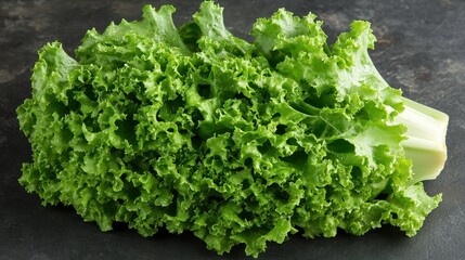 Obraz premium A vibrant head of green lettuce sits on a dark countertop, ready to be washed and chopped for a fresh salad. The crisp leaves display healthy texture and color
