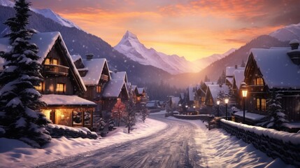 Snowy Village at Sunset