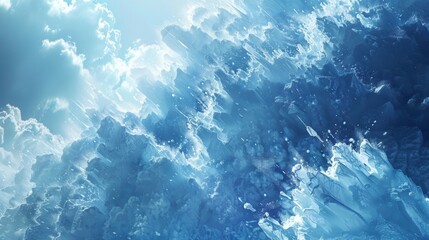 Jagged ice formations represent the volatile nature of cryptocurrencies as they crash and collide creating a dangerous avalanche of value.