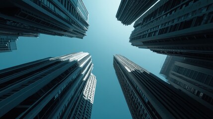Low angle view of skyscrapers reaching for a clear blue sky.