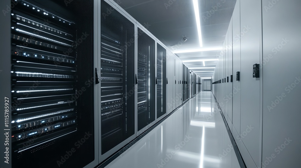 Poster a long hallway in a server room with rows of computer servers.