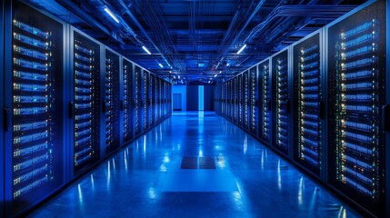 Obraz premium A server room with rows of servers, lit by bright blue lights.