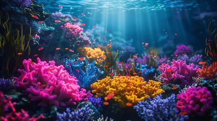 Fototapeta premium Colorful coral reefs with vibrant, various-colored corals and a small fish in clear, sunlit water.