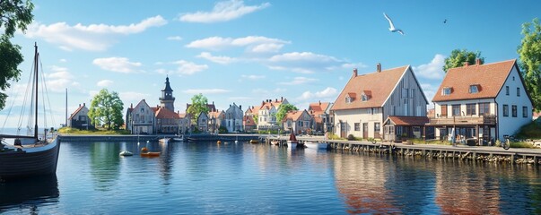 Obraz premium The picturesque town of Västervik, located by the Baltic Sea, realistic, very detailed