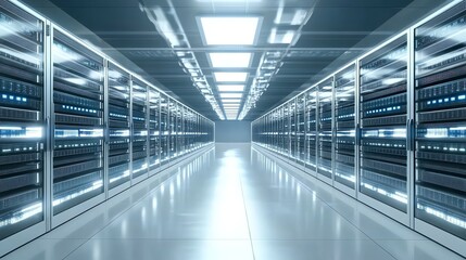 Obraz premium A long hallway in a server room with rows of computer servers.