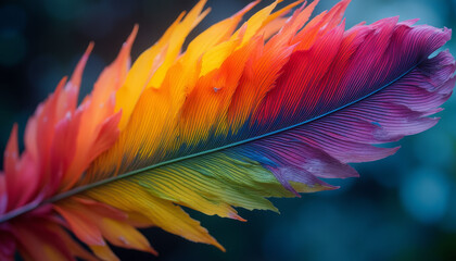 Obraz premium Vibrant multi-colored feather with a gradient on a blurred background for artistic inspiration