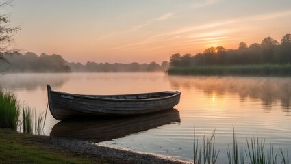 Obraz premium Serene Sunrise Over Calm Lake with Reflections and Vintage Boat in Tranquil Waters.